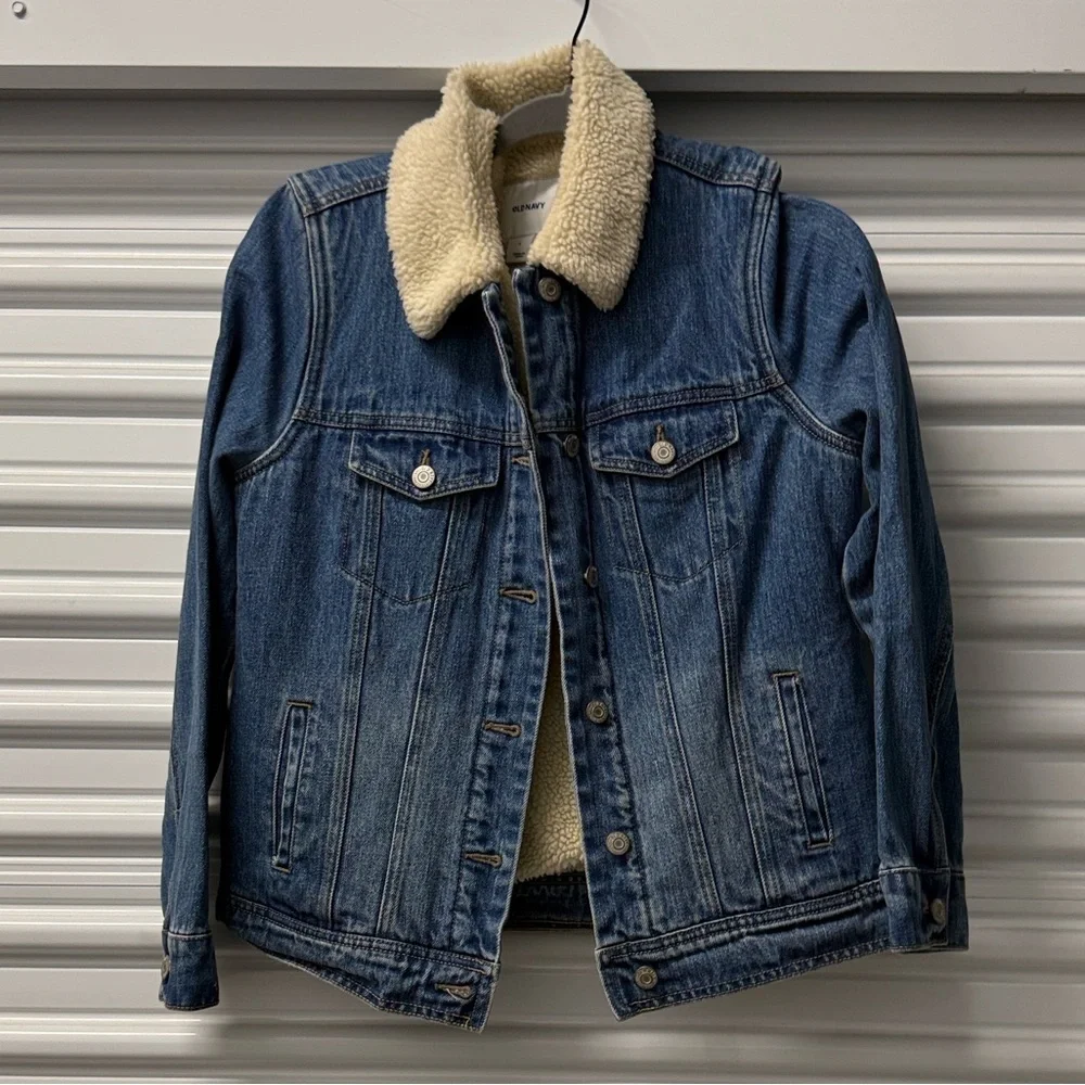 Old Navy Blue Denim Jacket with Cream Sherpa Collar Size S - Picture 1 of 7